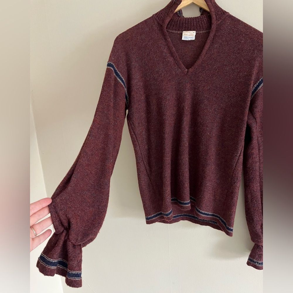 Vintage 70s Miss Pernilla Burgundy Knit Puff Sleeve Ruffle Cuff Sweater - Picture 6 of 11